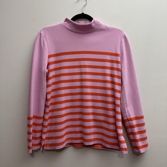 Talbots Knit Top Womens Medium Pink/Orange Stripe Mock Neck Pullover Zip Back - Picture 1 of 7